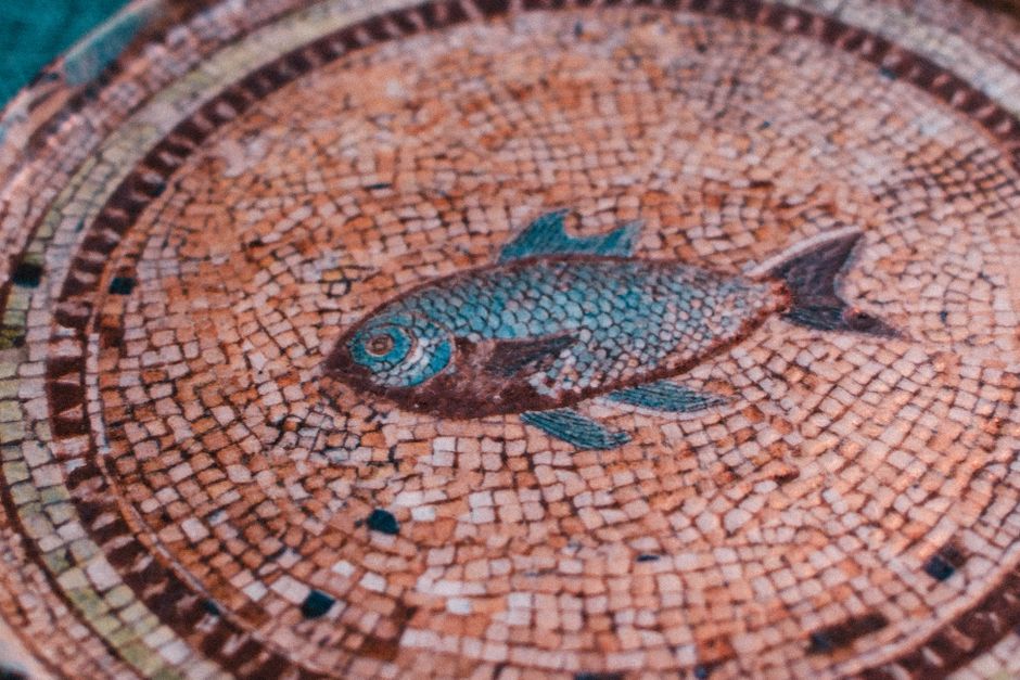 Beautiful ancient fish mosaic found in Sığacık, İzmir, showcasing detailed artistry.